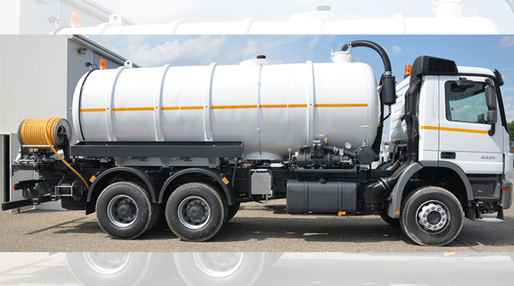 Customized industrial water tank truck, 18.000 ltr (on Mercedes-Benz 6x4 truck chassis cabin) with high pressure cleaner and sewer flushing unit.